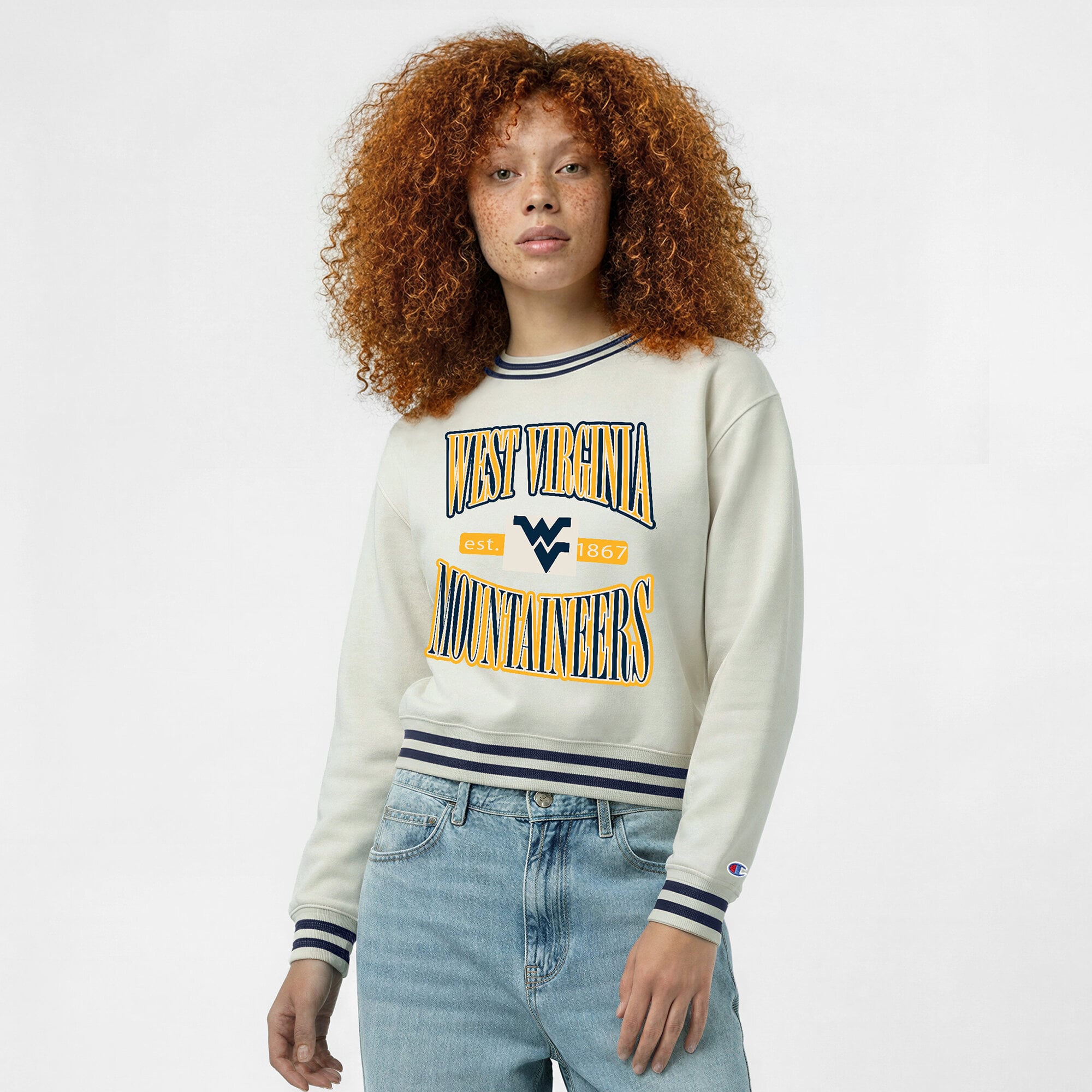 Women's Champion White West Virginia Mountaineers Yarn Dye Rib Reverse Weave Crew Sweatshirt
